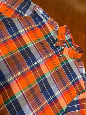 Ralph Lauren Short Sleeve Shirt Mens XLT Orange Madras Plaid Classic Fit Button